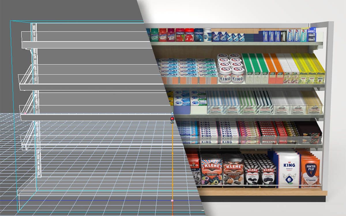 Schets van een 3D stelling met producten