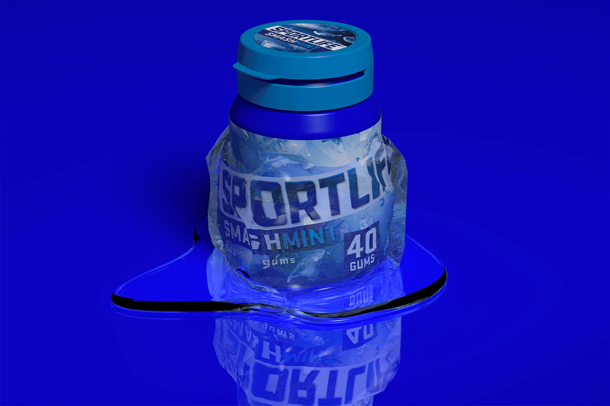 3D render van Sportlife kauwgompot in ijs